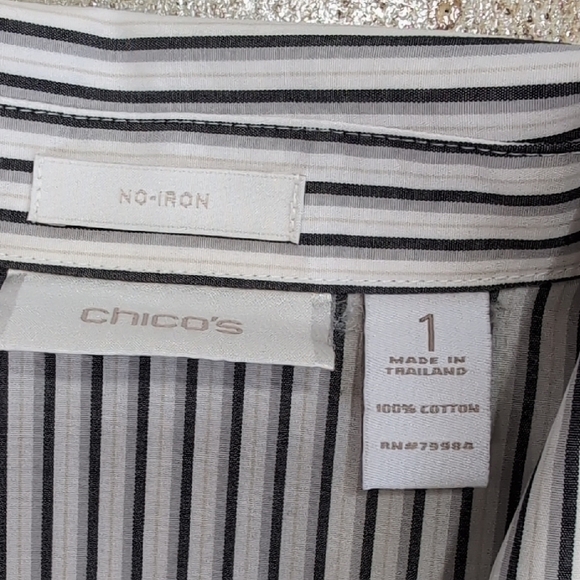 Chico's | Grey and White Striped Button Down Shirt Hidden Button Size 1 - Picture 7 of 10